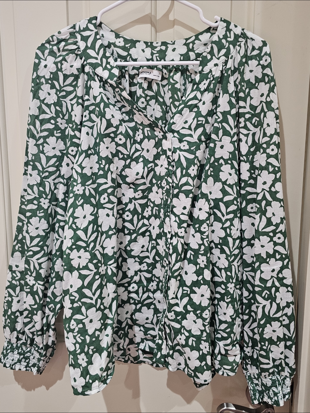 Sonoma Green and White Floral Peasant Blouse